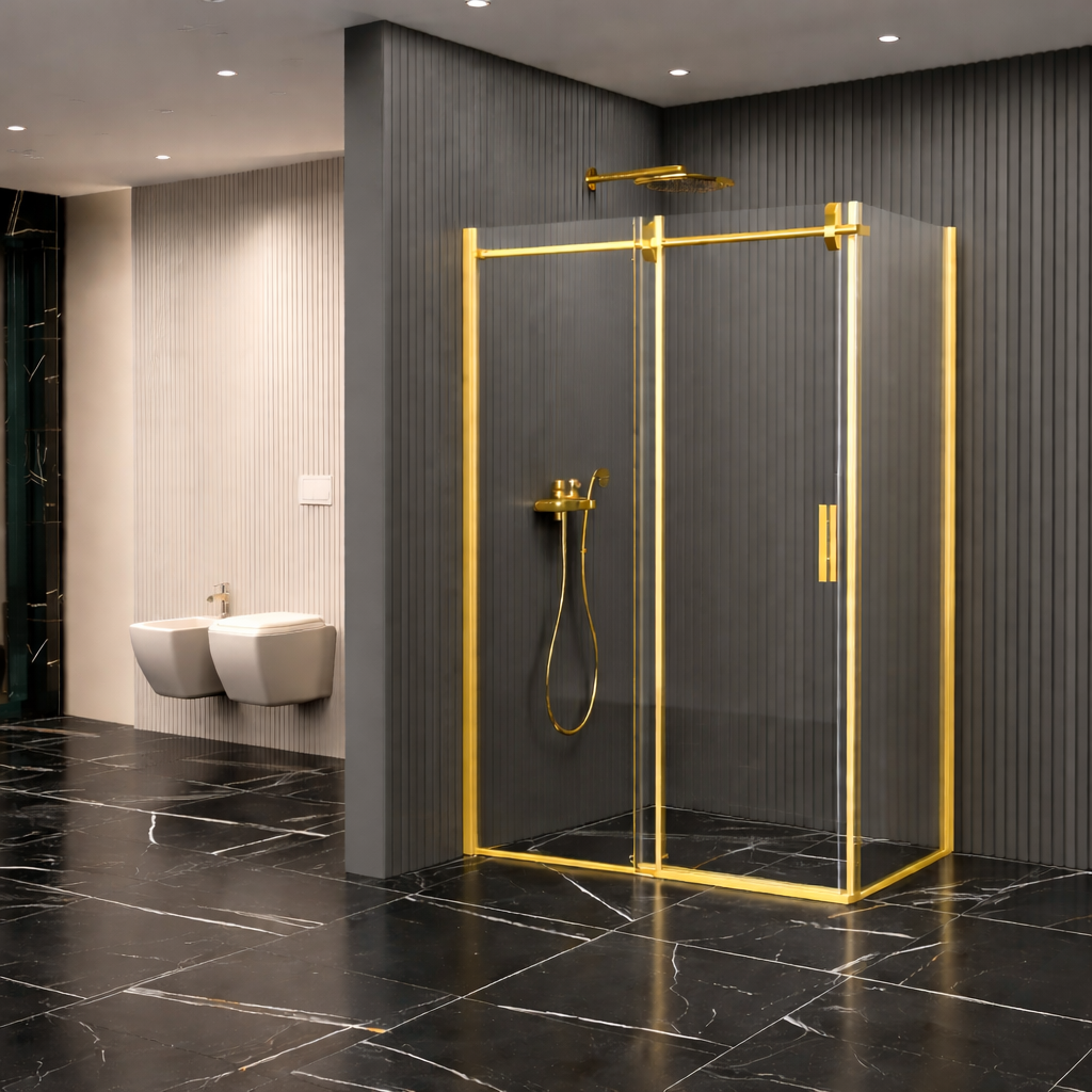 Dikdörtgen Borulu Sistem Cam Duşakabin Altın Profil