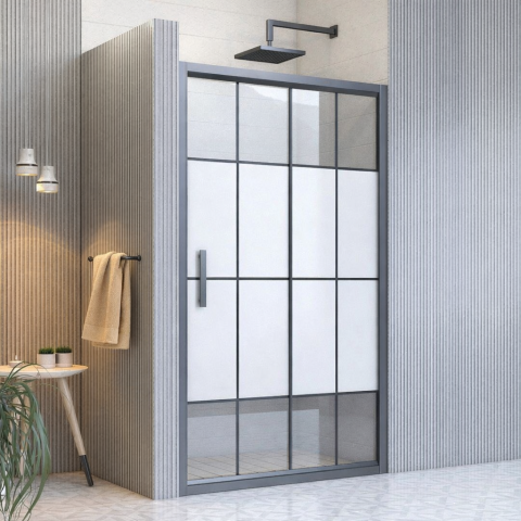 İki Duvar Arası Yarı Buzlu 1 Sabit 1 Sürgülü  Siyah Duşakabin