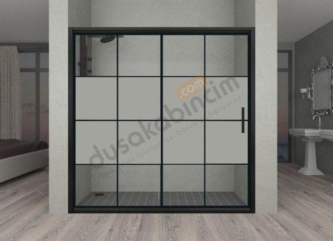 Sürgülü Tek Kapılı Yarı Buzlu Cam Siyah Duşakabin 100 CM