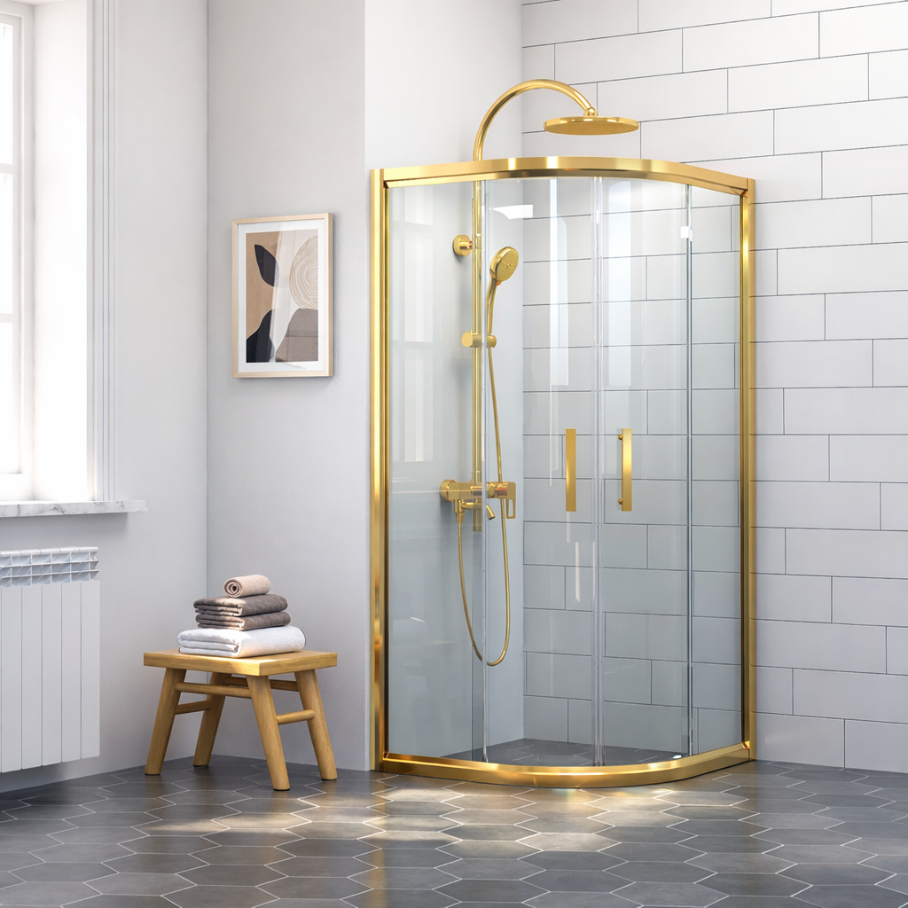 Gold Serisi Altın Sarı Oval Duşakabin Teknesiz 130x130cm - Şeffaf Cam