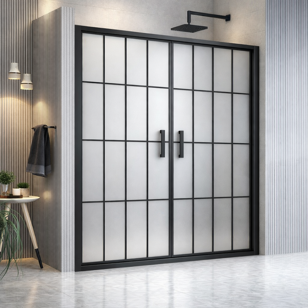 Sürgülü Çift Kapılı Tam Buzlu Cam Siyah Duşakabin