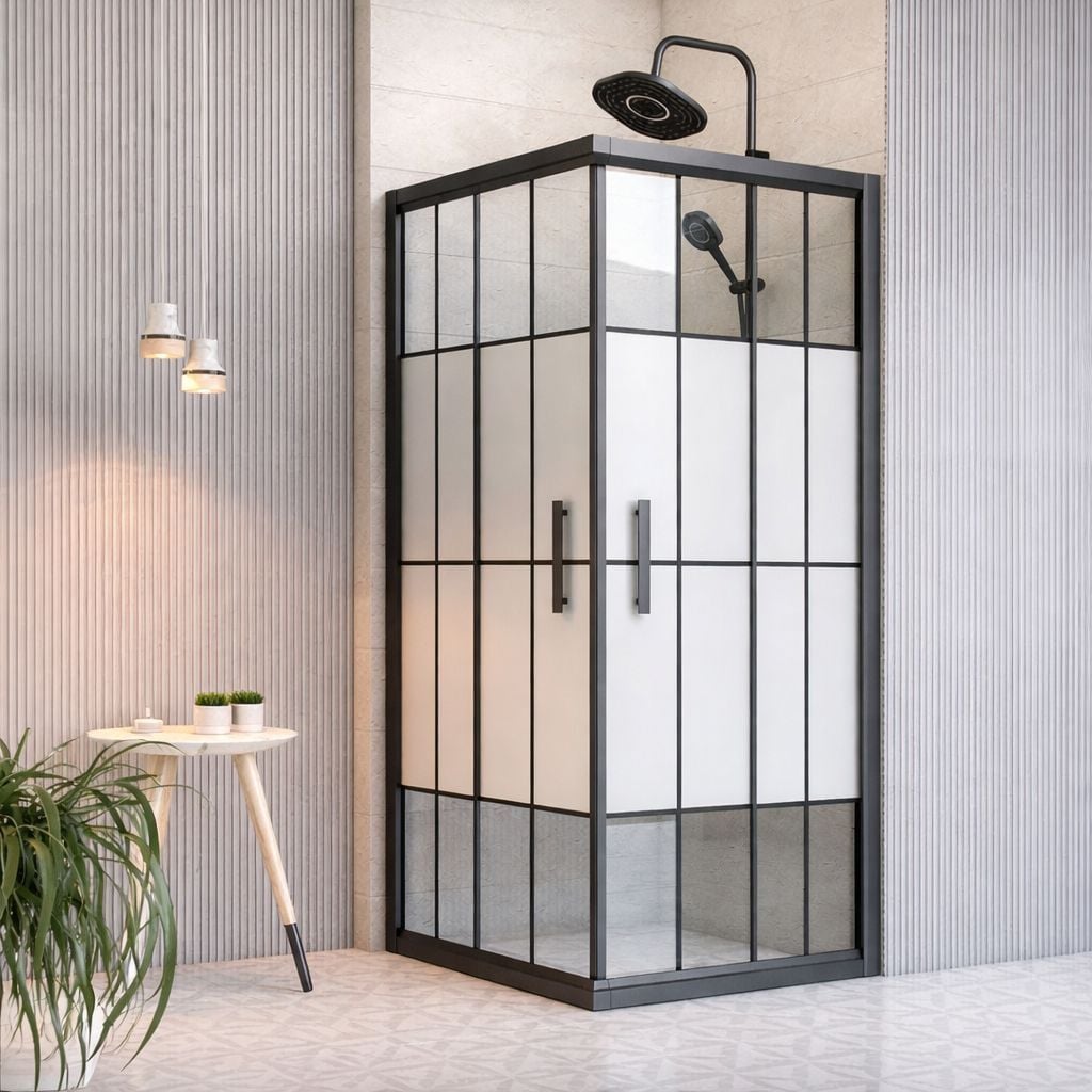 Siyah Desenli Yarı Buzlu Cam Duşakabin 80x100 Cm