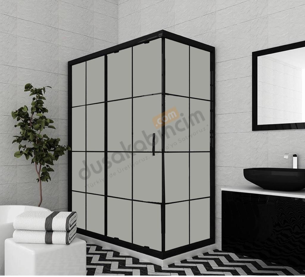 Siyah Desenli Tam Buzlu Cam Duşakabin 100x100 Cm