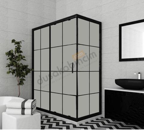 Siyah Desenli Tam Buzlu Cam Duşakabin 100x100 Cm