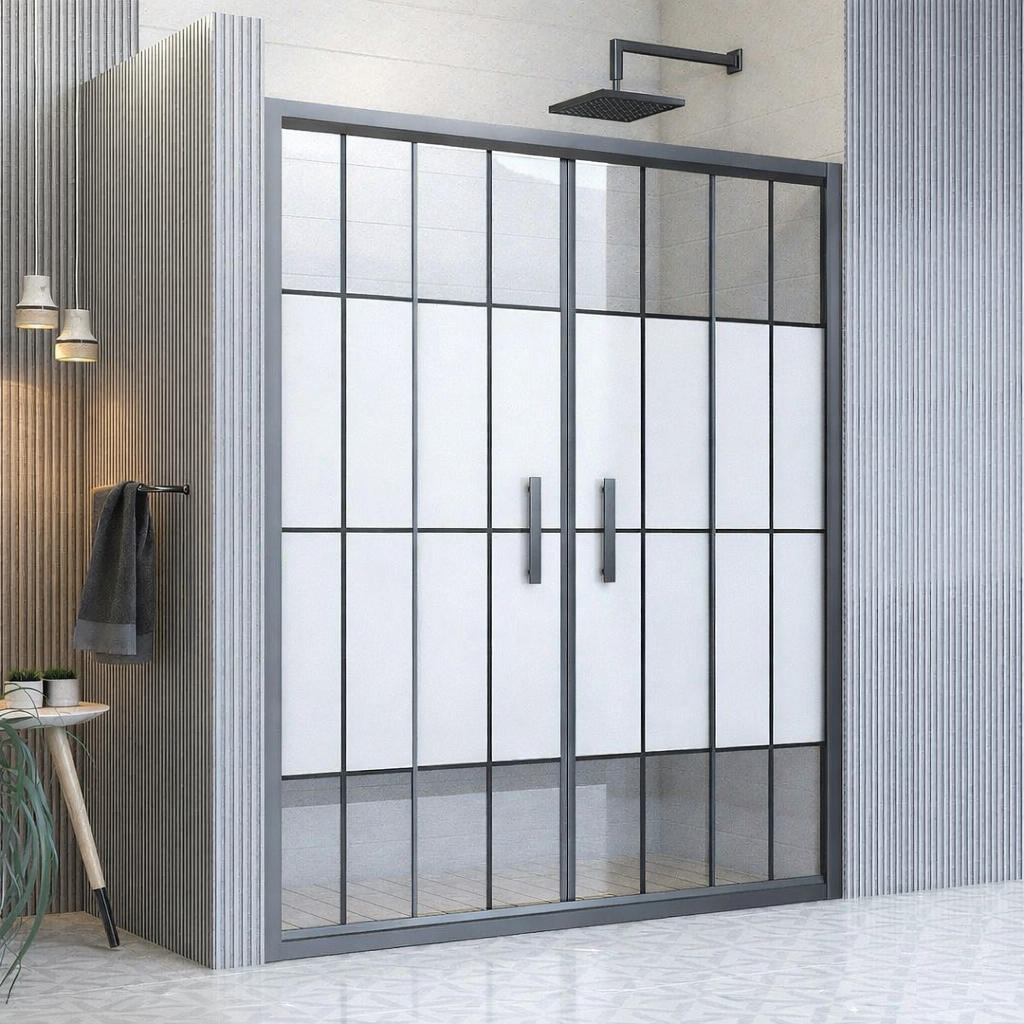 Sürgülü Çift Kapılı Yarı Buzlu Cam Siyah Duşakabin