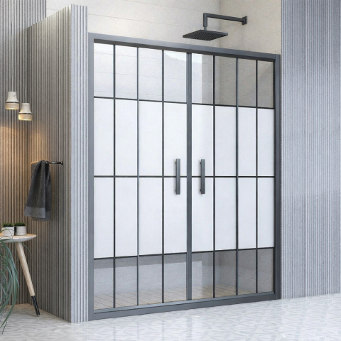 Sürgülü Çift Kapılı Yarı Buzlu Cam Siyah Duşakabin