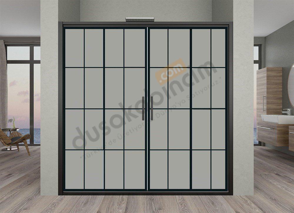 Sürgülü Çift Kapılı Tam Buzlu Cam Siyah Duşakabin 130 CM