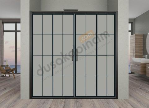 Sürgülü Çift Kapılı Tam Buzlu Cam Siyah Duşakabin 130 CM